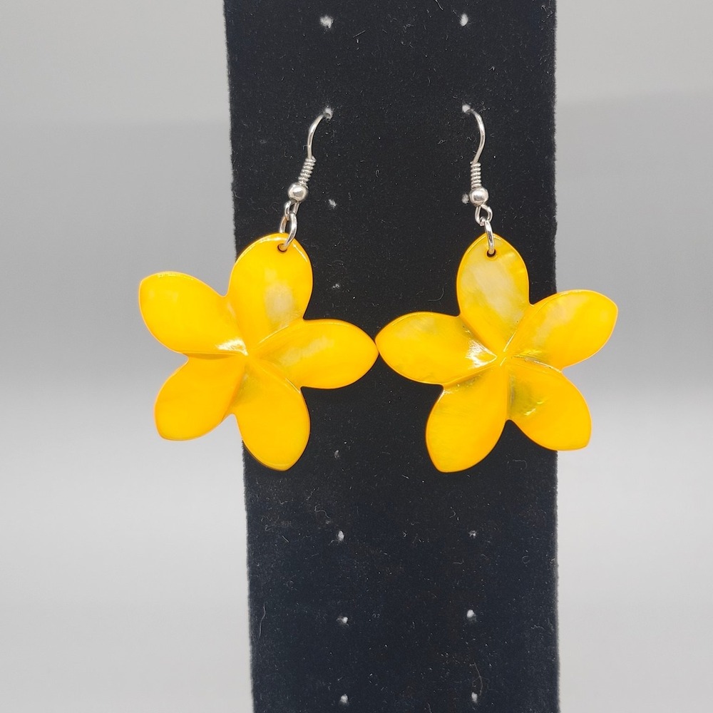 Large Yellow Mother of Pearl Flower Dangle Earrings Tropical Plumeria Boho